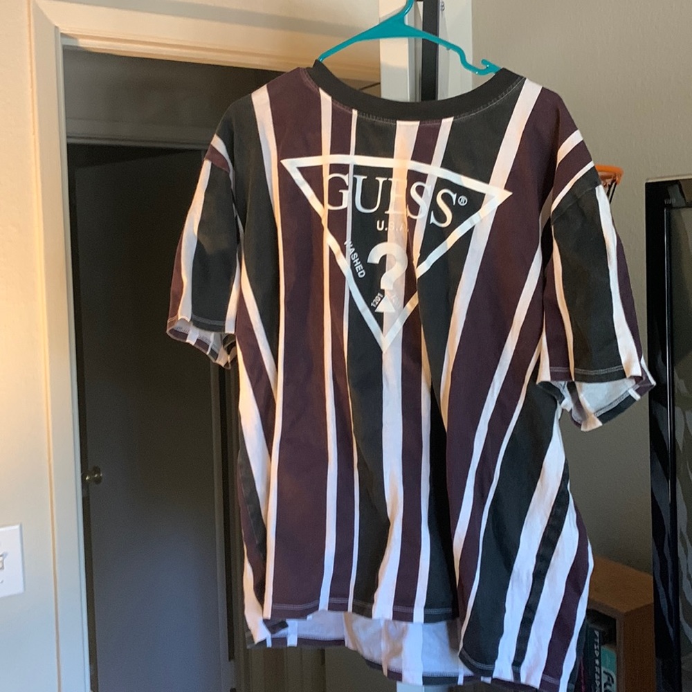 Maroon, white, and black striped guess shirt in good condition